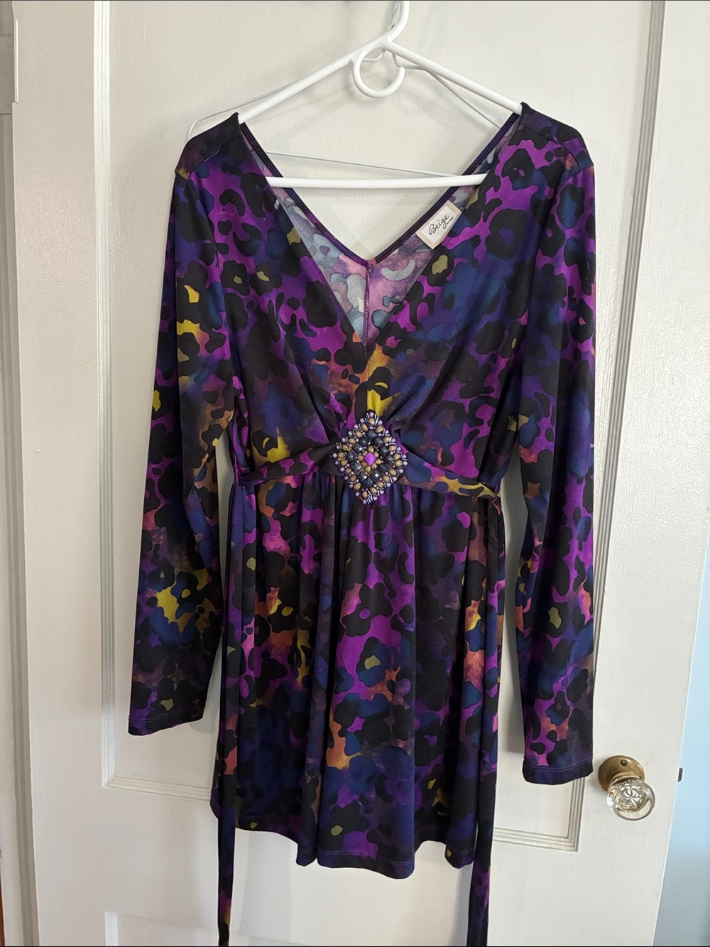 Beige by eci Purple Multi-Color V-Neck Long Sleeve Dress with Jeweled Waist
